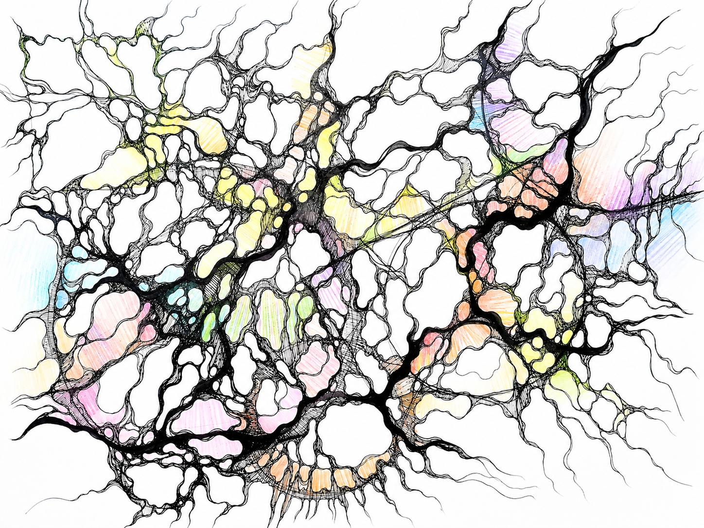 Kolorowy rysunek neurograficzny łączący wszystkie figury